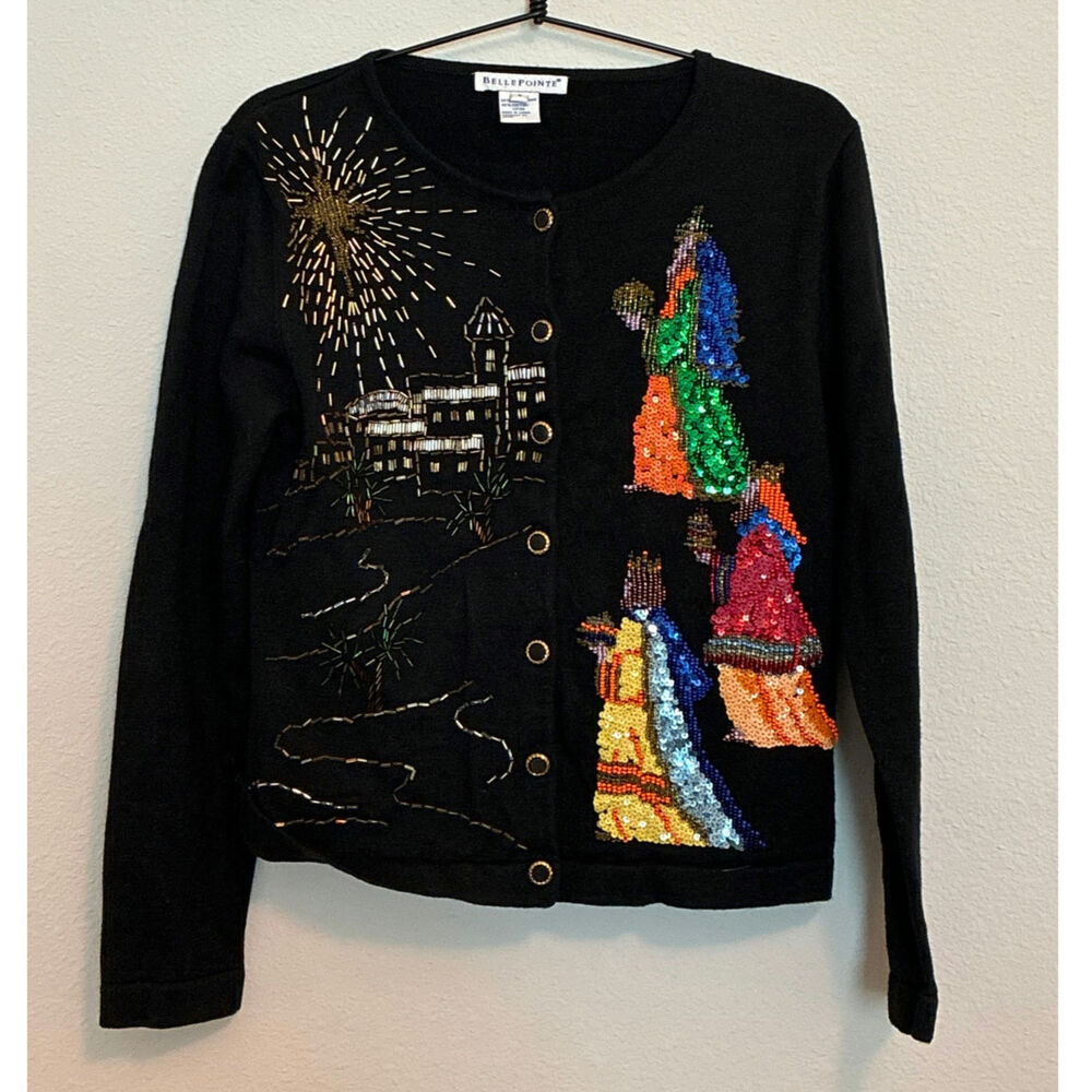 BELLE POINTE CHRISTMAS BEADED SEQUIN CARDIGAN VTG LADIES SIZE SMALL